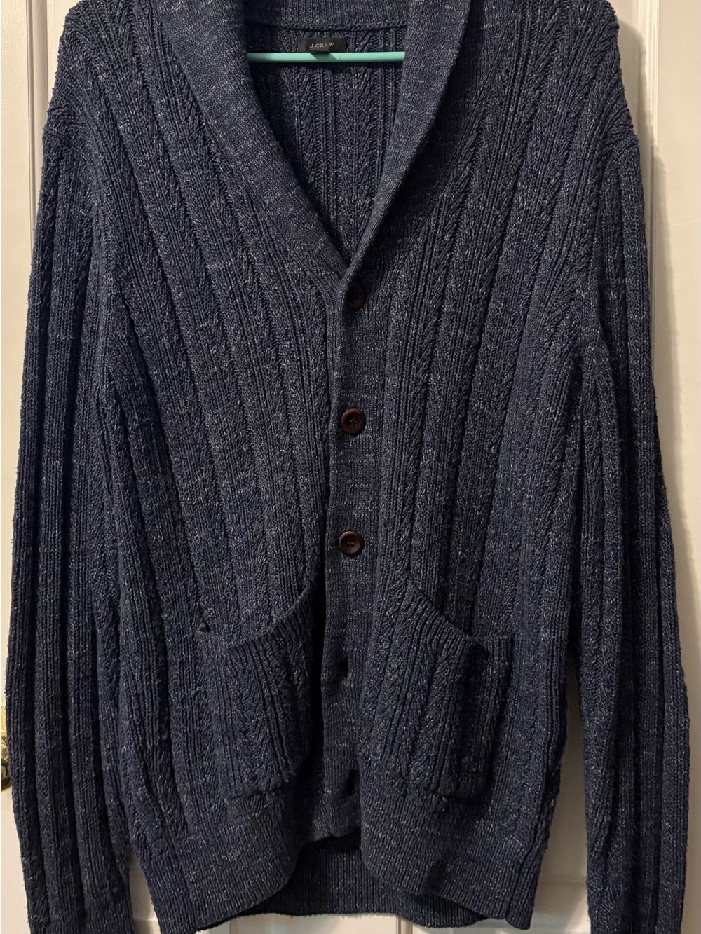 J. Crew Navy Ribbed Shawl-Collar Cardigan with Suede Elbow Patches